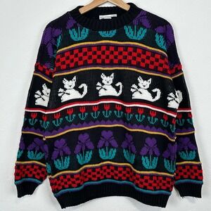 VTG Womens Fair Isle Nordic Cat Novelty Kitsch Sweater Sz XL Boxy Crew Pullover